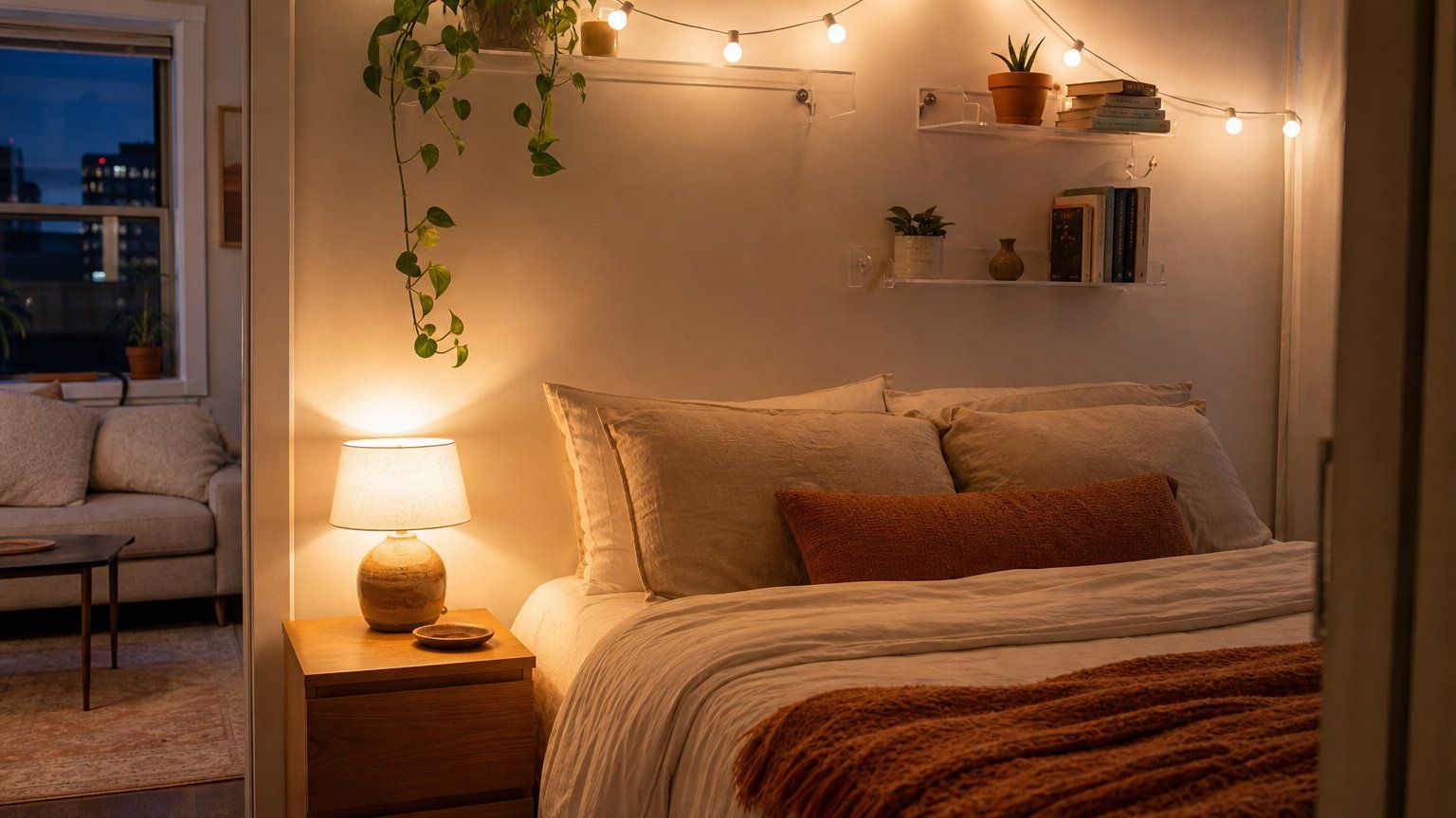 Cozy small studio bedroom with a glowing bedside lamp, clear floating shelves and warm string lights