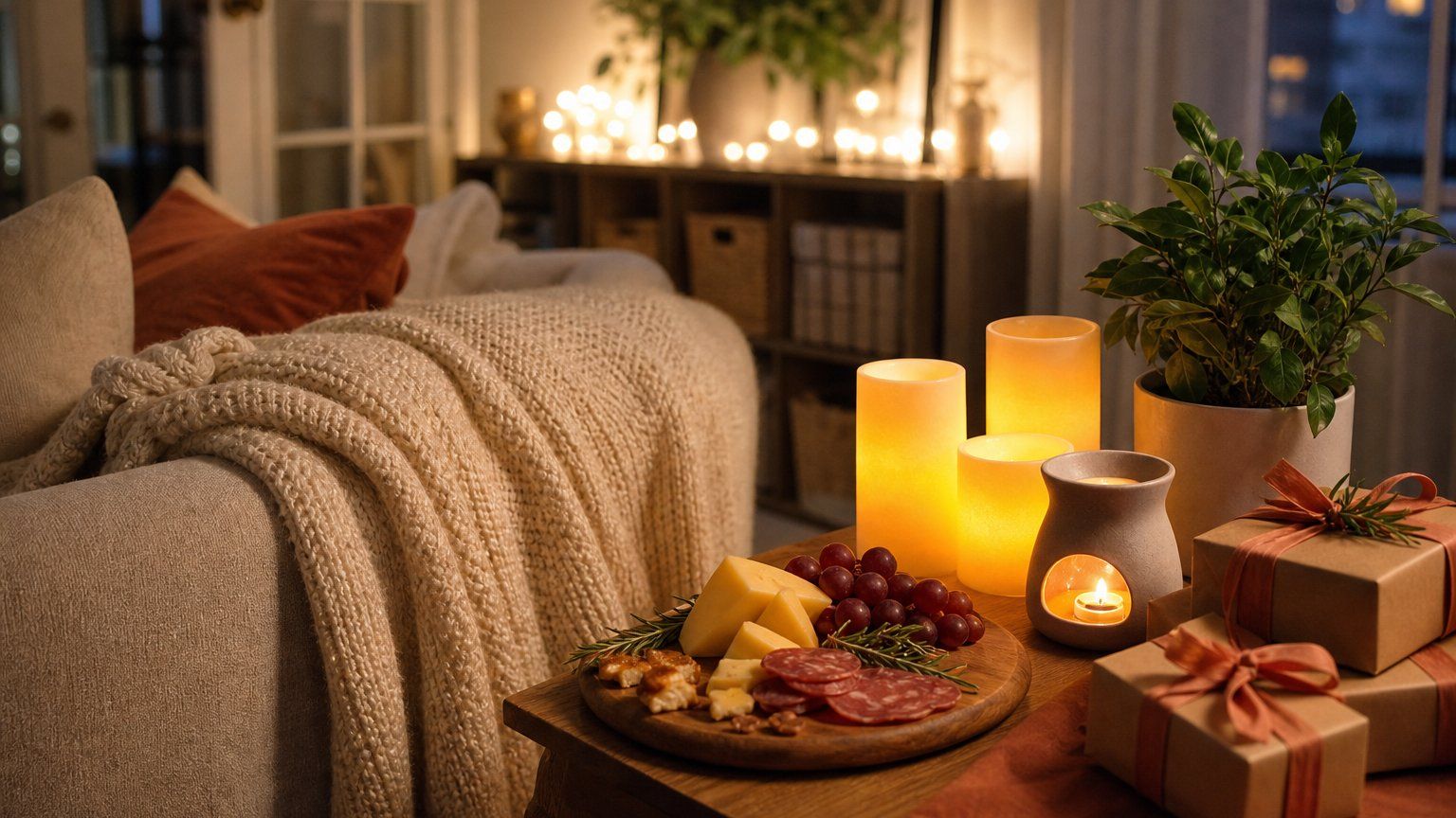 Cozy apartment living room with a knit throw blanket, glowing candles, a charcuterie board, a plant and wrapped gifts