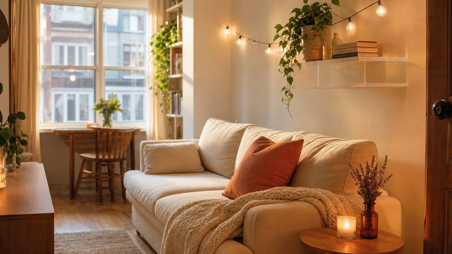 Cozy small apartment corner with warm string lights, a candle and a cream sofa