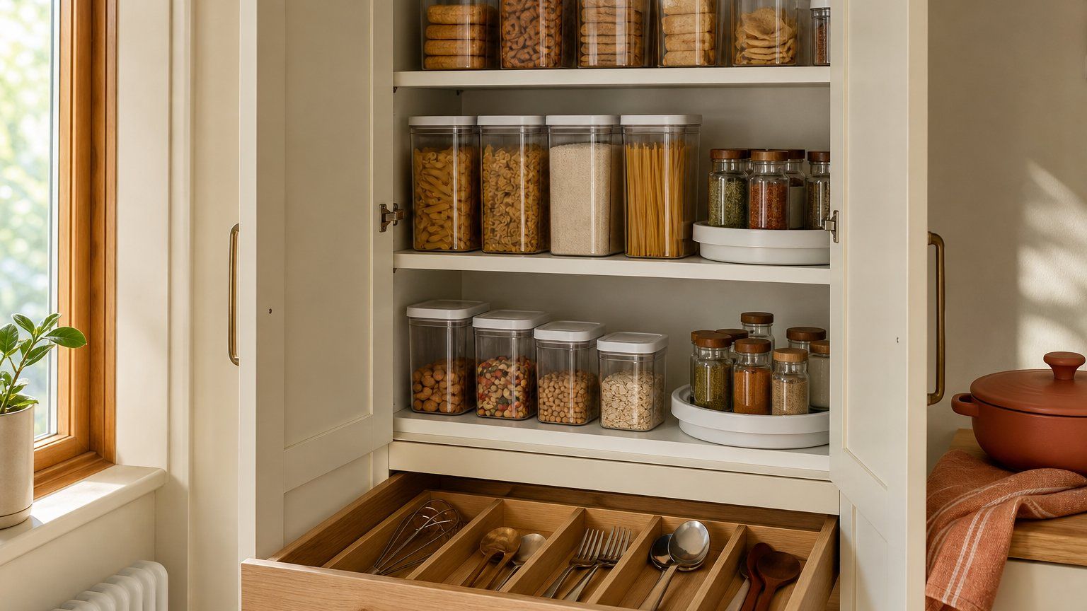 Small apartment pantry cabinet organized with clear bins, a turntable and bamboo drawer dividers